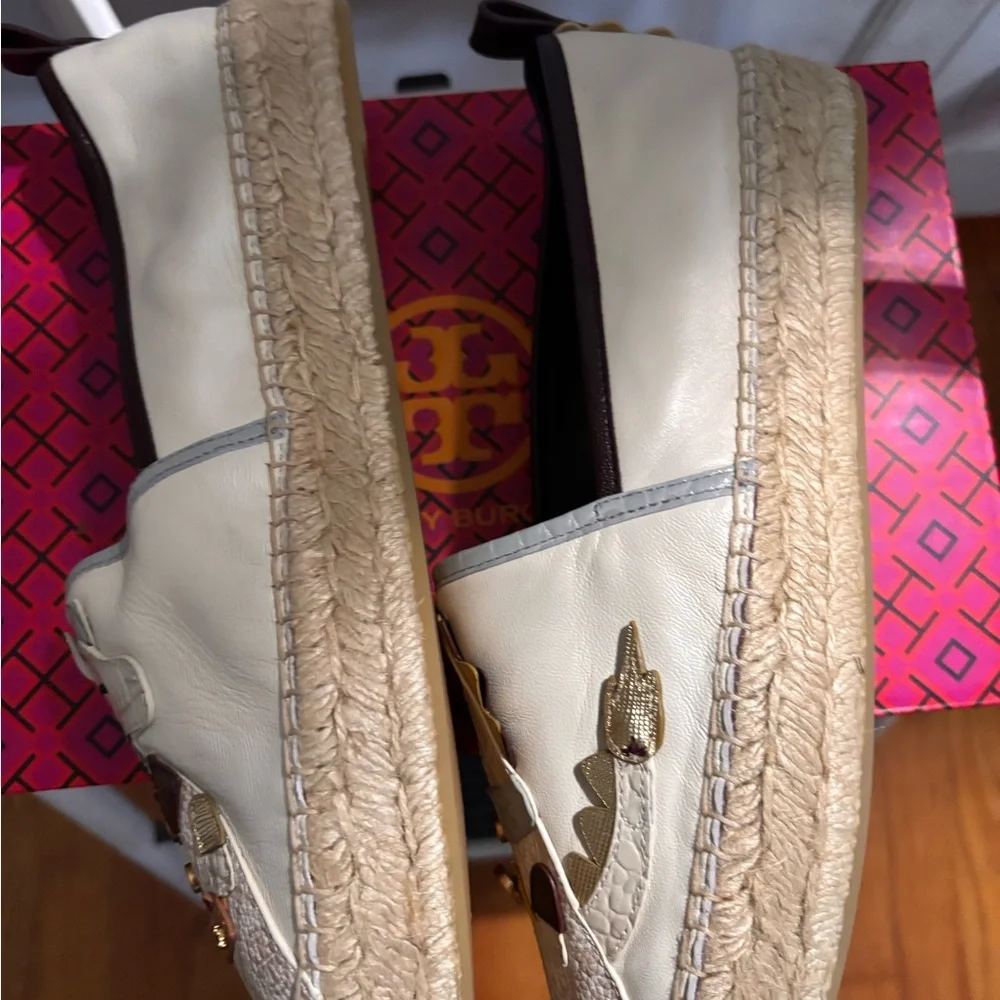 Tory Burch Cream and Brown Dragon Espadrilles. New in Box